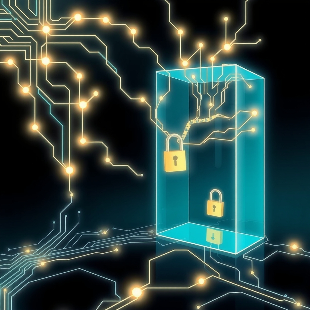 Abstract illustration of a glowing circuit network with one branch breaking through a glass wall beside an open padlock