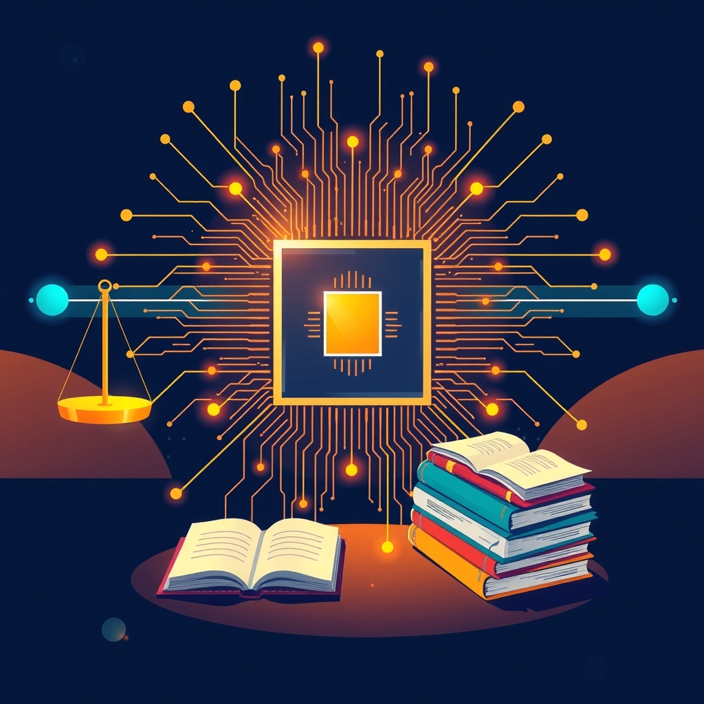 Abstract illustration of a glowing computer chip connected by light threads to balanced scales and open notebooks