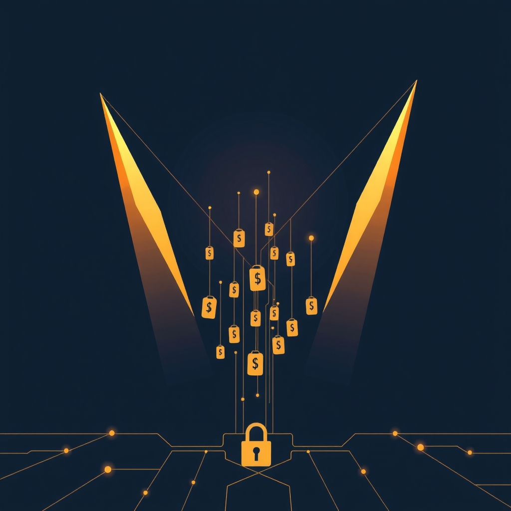 Abstract illustration of two glowing towers rising side by side as price-tag shapes fall between them, with a padlock and circuit lines below.