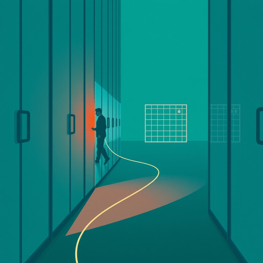 Abstract illustration of a glowing geometric shape slipping through a gap in a wall of locked translucent panels