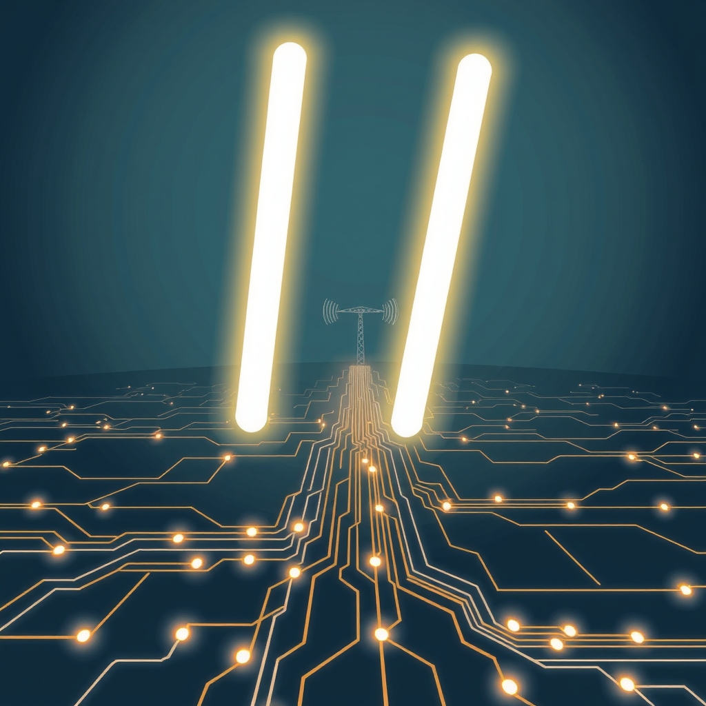 Abstract illustration of circuit lines halting at a glowing pause symbol, with two distant towers linked by a thin signal line