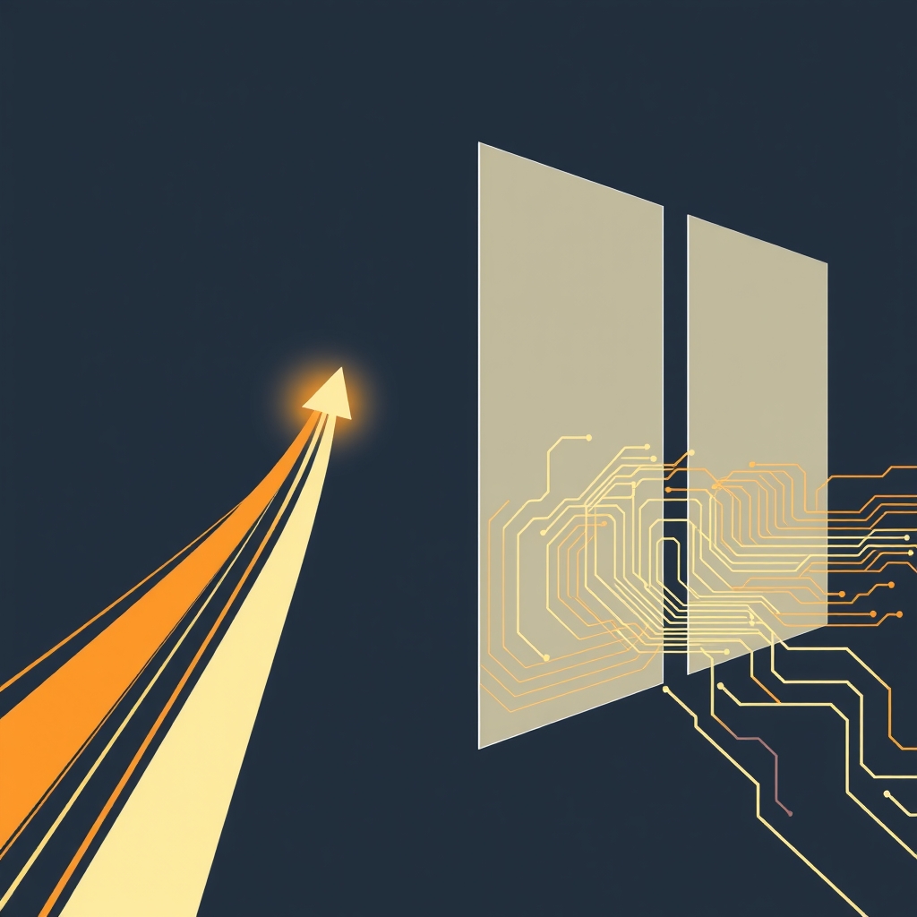 Abstract illustration of a glowing arrow speeding forward beside translucent barriers halting streams of circuit lines