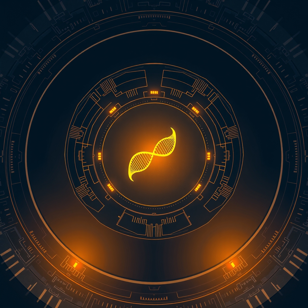 Abstract illustration of a circular council table made of glowing circuit rings with a strand of DNA-like light curling through its center